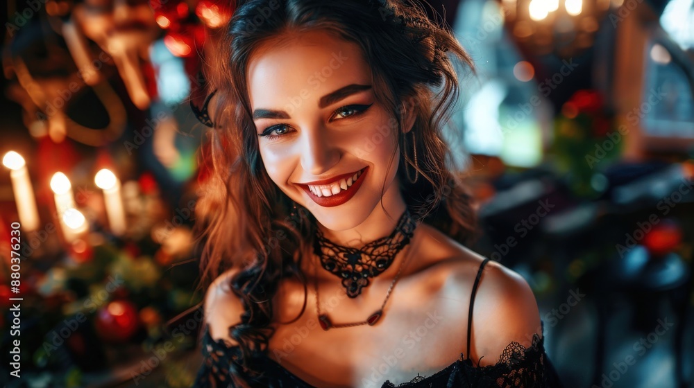 Alluring female Russian supermodel dressed as a vampire, smiling seductively at the camera at a relaxed Halloween party. Alluring female Russian supermodel dressed as a vampire, smiling seductively at the camera at a relaxed Halloween party.
