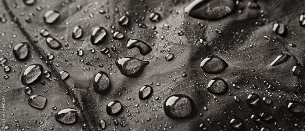 Panoramic close-up, high detail scan of waterdrops on fabric texture, Generative AI Panoramic close-up, high detail scan of waterdrops on fabric texture, Generative AI
