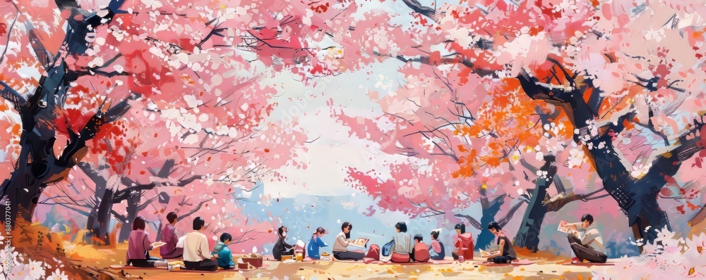 Fototapeta premium A traditional Japanese Hanami festival with people picnicking under cherry blossoms, enjoying their beauty and fleeting nature.