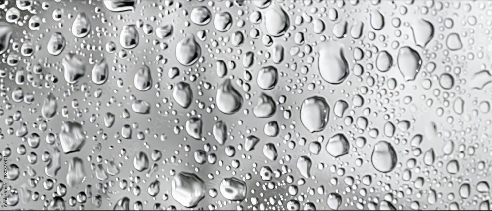 Panoramic close-up, high detail scan of waterdrops on metal texture, Generative AI Panoramic close-up, high detail scan of waterdrops on metal texture, Generative AI