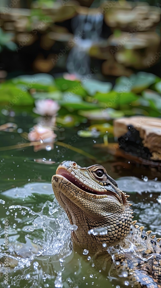 Caiman Lurking in Pond with Water Splashes Caiman Lurking in Pond with Water Splashes