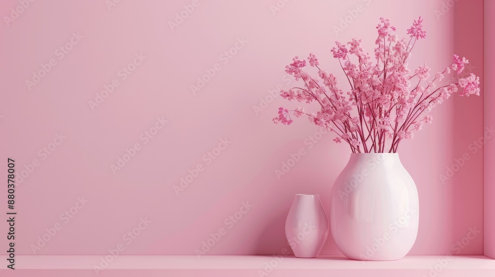 Elegant white vases with pink flowers on pink background Elegant white vases with pink flowers on pink background