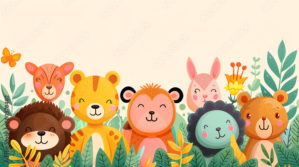 Naklejka premium Adorable cartoon animals, friendly faces, for kids, flat design illustration