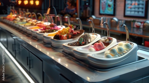 An automated ice cream sundae bar with a variety of toppings and sauces