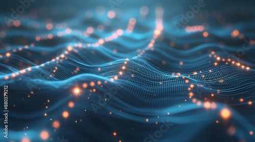 A blue ocean with a lot of glowing dots. Neural network concept. Digital background ideal for technological operations