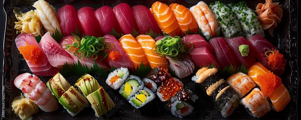 A sushi platter with colorful sashimi, nigiri, and maki rolls, arranged artfully on a black plate. A sushi platter with colorful sashimi, nigiri, and maki rolls, arranged artfully on a black plate.