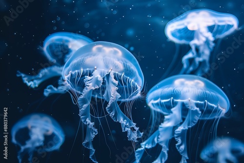 A group of jellyfish in the dark blue sea, glowing with white light, glowing and floating. Underwater photography with real photos and real shots, using a wide-angle lens with soft lighting. Flowing m