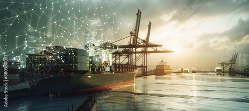 A cargo ship in harbor at sunset, its reflection glowing on the water. Digital network lines above symbolize global trade connectivity