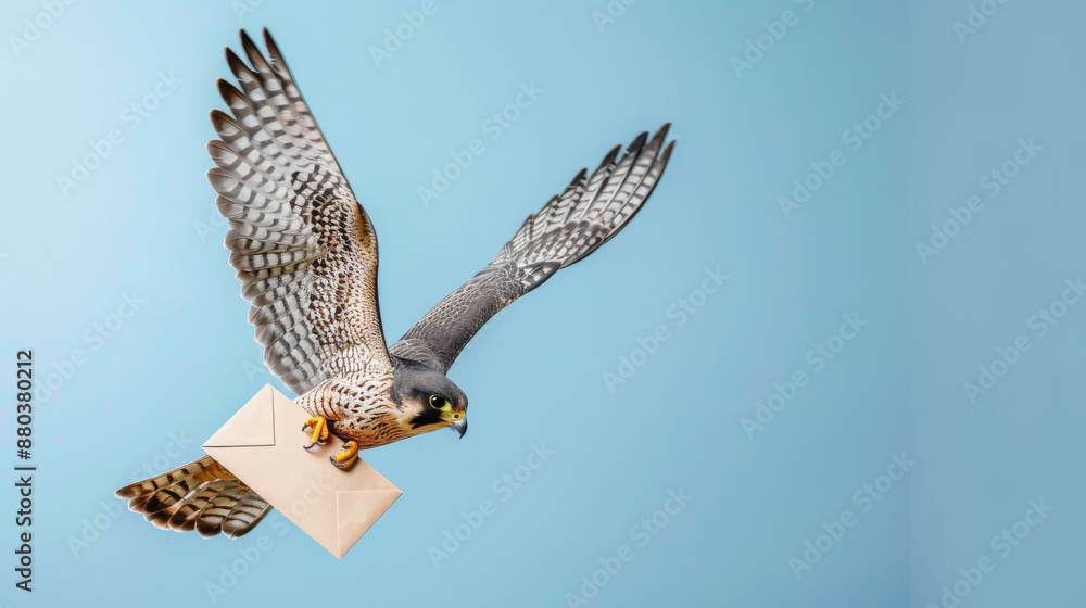 Fototapeta premium Messenger or envoy concept image with a falcon with a letter on blue background with copy space