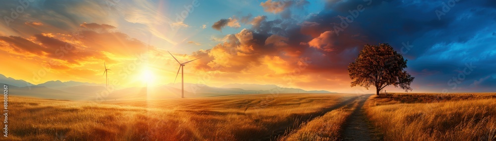 Obraz premium Stunning Sunset Over Wind Turbines in a Golden Field with a Lone Tree and Dramatic Sky