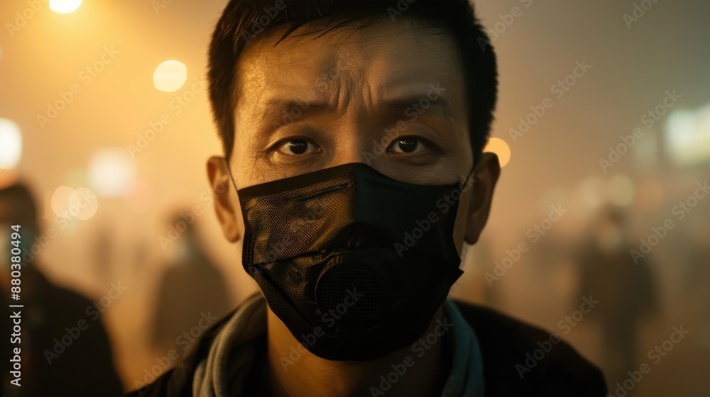 Man Wearing Protective Face Mask in Urban Environment with Hazy Background and Blurred Lights Man Wearing Protective Face Mask in Urban Environment with Hazy Background and Blurred Lights