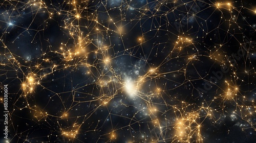 A black and gold image of a starry sky with many lines and dots. Neural network concept. Digital background ideal for technological operations