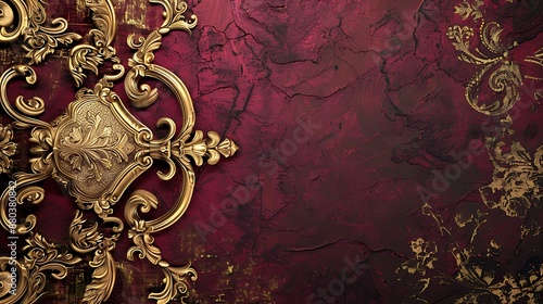 An exquisite royal abstract background featuring a combination of burgundy and gold, with ornate scrollwork and regal insignias photo