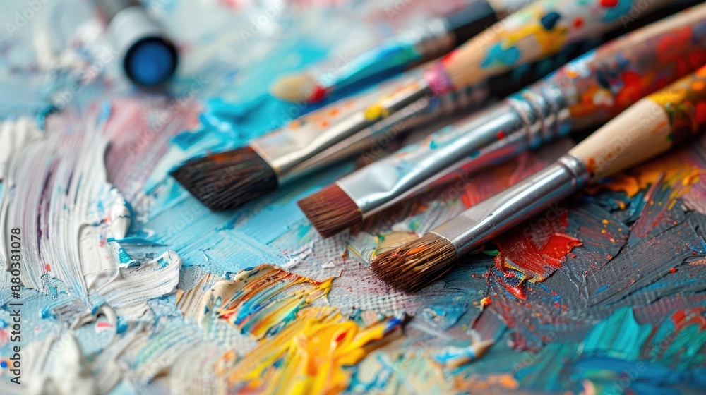 Colorful drawing tools and paintbrushes on a white surface Simulation Colorful drawing tools and paintbrushes on a white surface Simulation