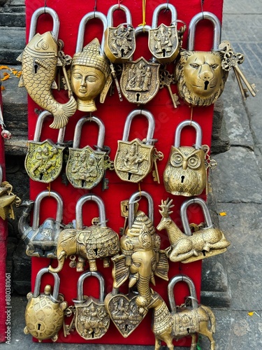 Golden lock souvenirs sold at a tourist spot shop in Nepal