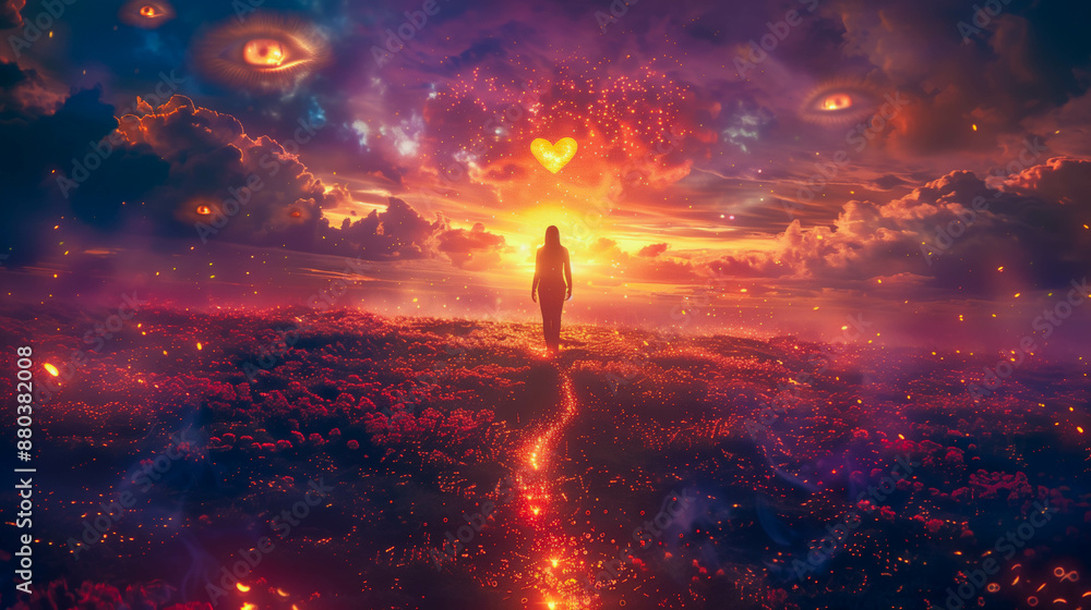 An ethereal figure with a heart of fire stands on a path of stars, floating eyes and dreamlike flora line the path, leading to a glowing horizon, symbolizing passionate vision An ethereal figure with a heart of fire stands on a path of stars, floating eyes and dreamlike flora line the path, leading to a glowing horizon, symbolizing passionate vision