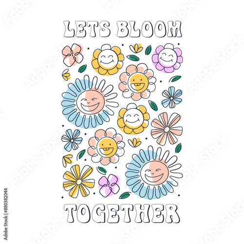 Vector Groovy lettering with smiling flowers isolated on a white background 