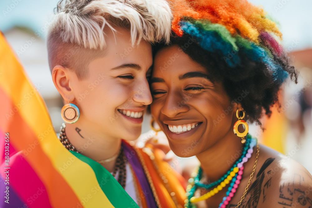 Fototapeta premium Joyous friends celebrating pride with vibrant rainbow colors showcasing love and diversity