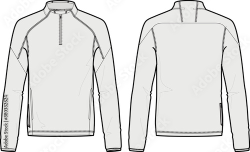 Half-Zip Longsleeve Sport Shirt design vector flat sketch fashion illustration CAD template front and back views