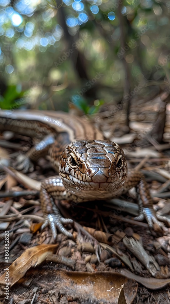 The lizard's camouflaged body subtly blends with the natural hues of the foliage, making it almost invisible to the untrained eye. The lizard's camouflaged body subtly blends with the natural hues of the foliage, making it almost invisible to the untrained eye.
