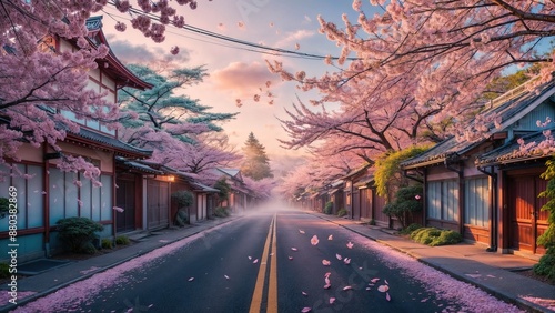 A vibrant cherry blossom streets, Japanese architecture. Misty fog caress the scene