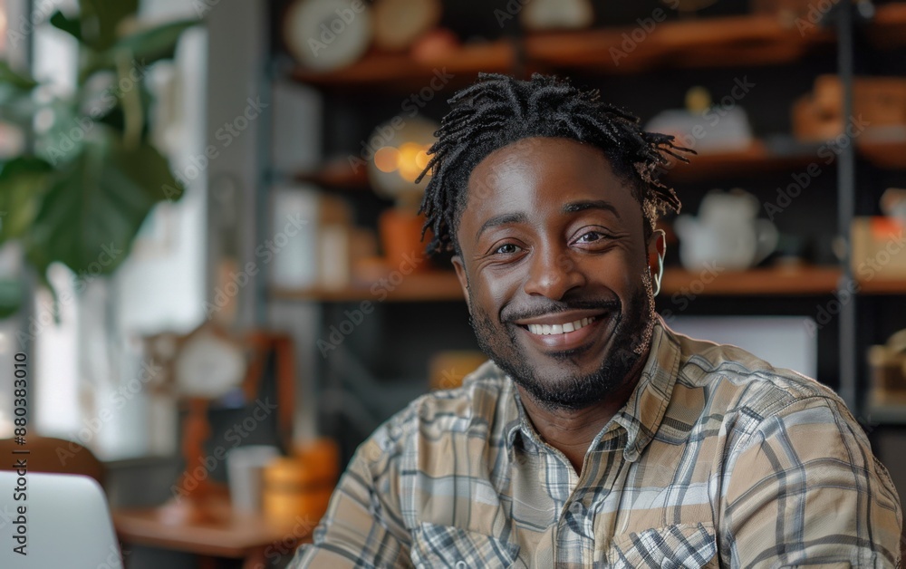 A man with a smile on his face is sitting at a table with a laptop. He is wearing a plaid shirt and has a beard A man with a smile on his face is sitting at a table with a laptop. He is wearing a plaid shirt and has a beard