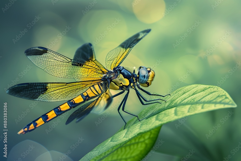 Black and yellow dragonfly resting on green leaf . Dragonflies in nature macro photo. In the garden or forest, Dragon fly is perched on leaves with blurred background. , close-up shooting, ultra detai Black and yellow dragonfly resting on green leaf . Dragonflies in nature macro photo. In the garden or forest, Dragon fly is perched on leaves with blurred background. , close-up shooting, ultra detai