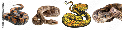 Collection of snakes isolated on transparent or white background