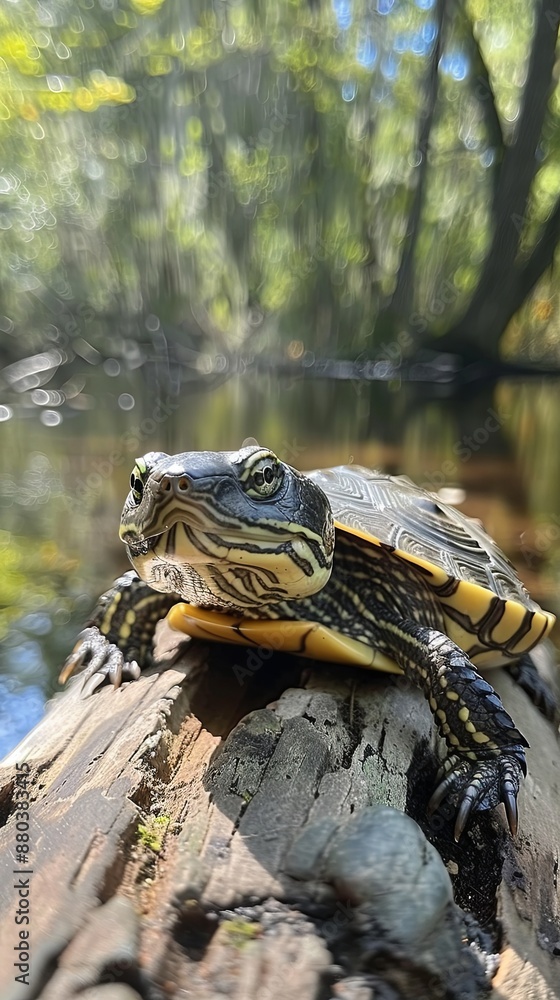 Yellow-Bellied Turtle Resting on a Sunlit Log Yellow-Bellied Turtle Resting on a Sunlit Log