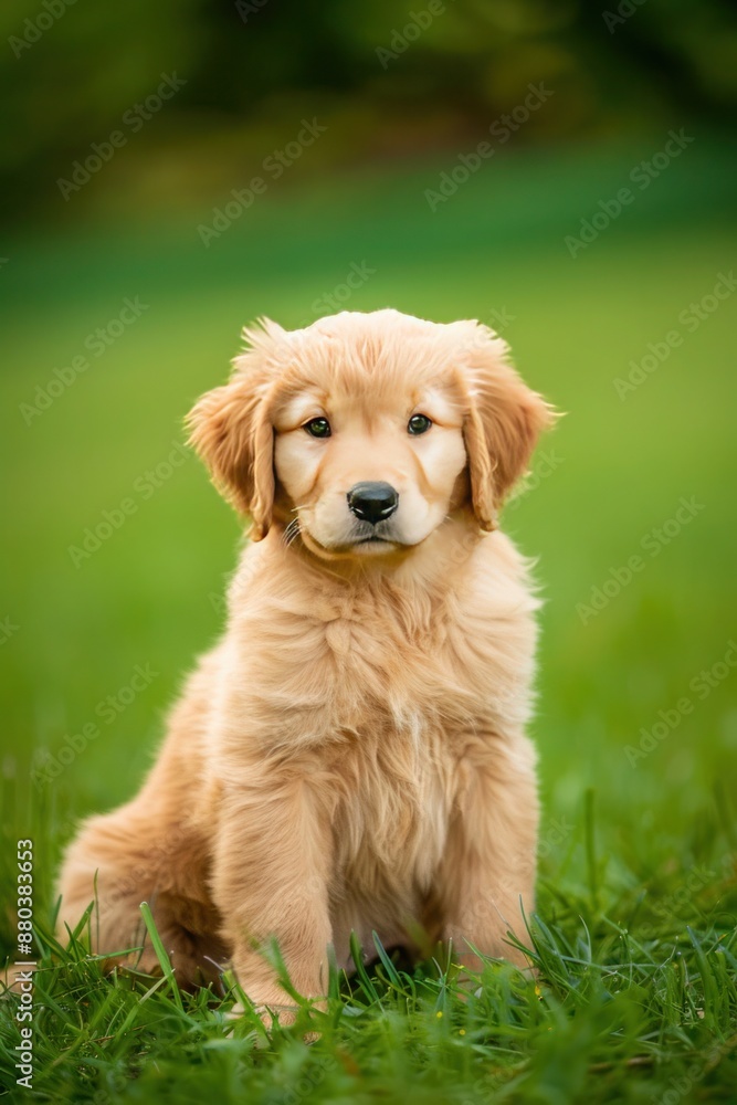 Retriever puppy sitting on vibrant green grass, looking up curiously. Retriever puppy sitting on vibrant green grass, looking up curiously.