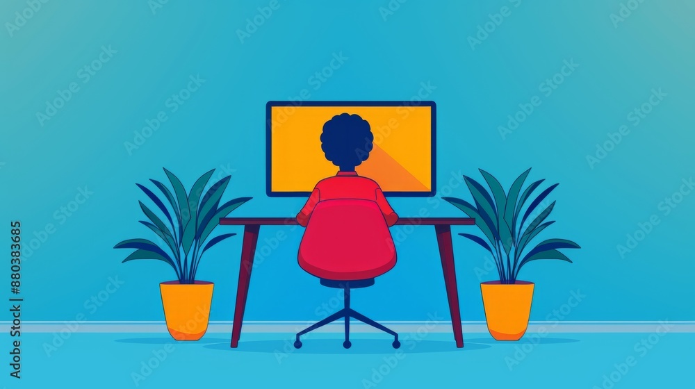 A person working at a computer in a home office with plants. A person working at a computer in a home office with plants.