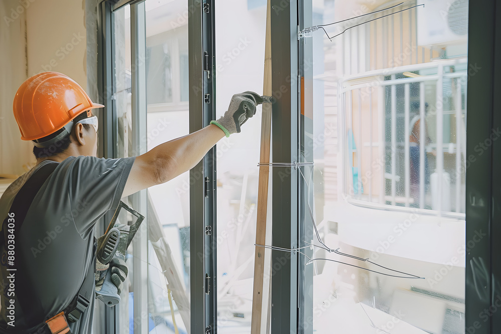 Man doing aluminum frame with glasses and wire screen door and window installation work in construction site