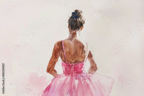 In this watercolor artwork, a ballerina wearing a pink dress poses with her back turned to the viewer, contrasting beautifully with a light background