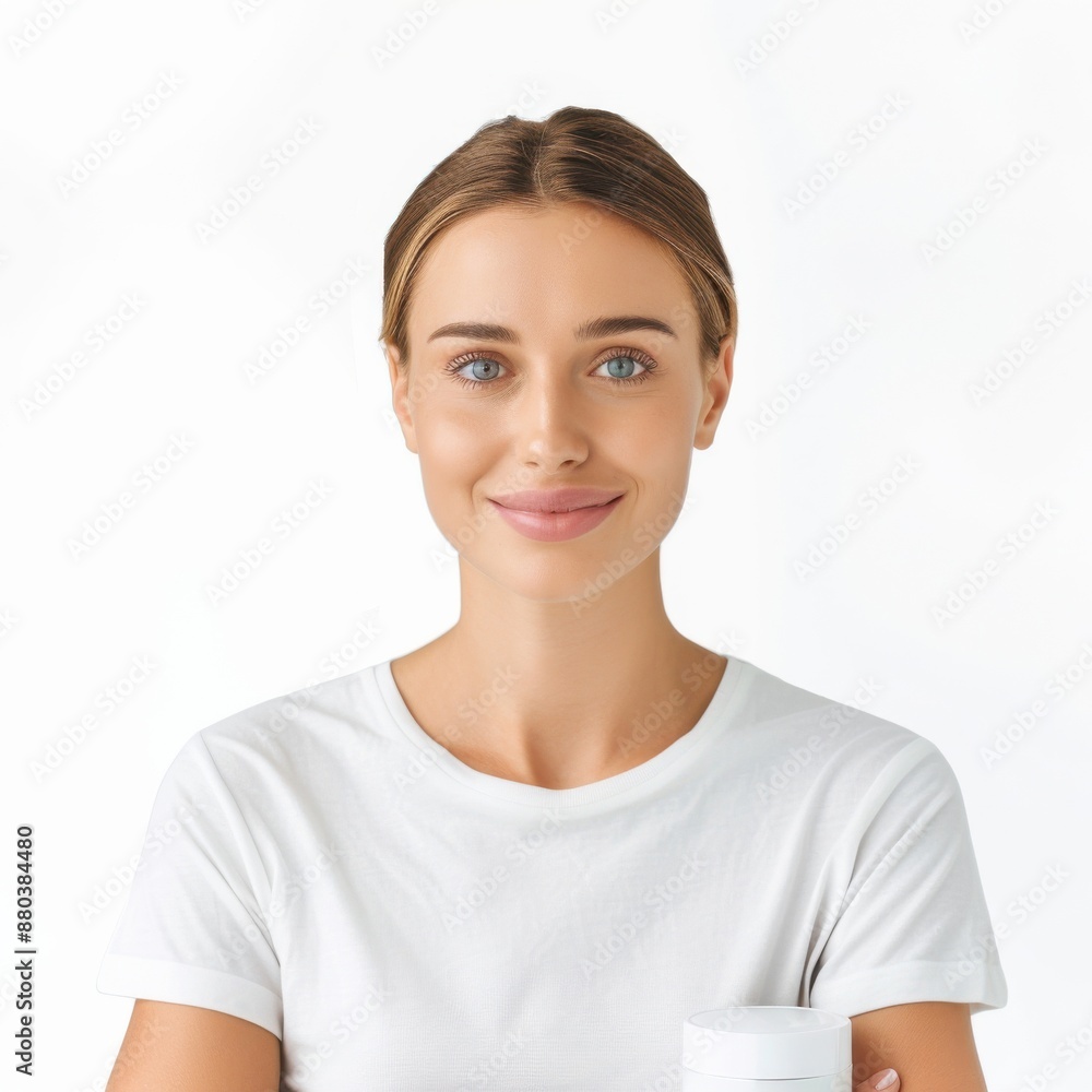 A woman in a half-body view, with visible arms, presenting a skincare product with a confident smile. The background is isolated on a white background in a high-resolution photographic style. A woman in a half-body view, with visible arms, presenting a skincare product with a confident smile. The background is isolated on a white background in a high-resolution photographic style.