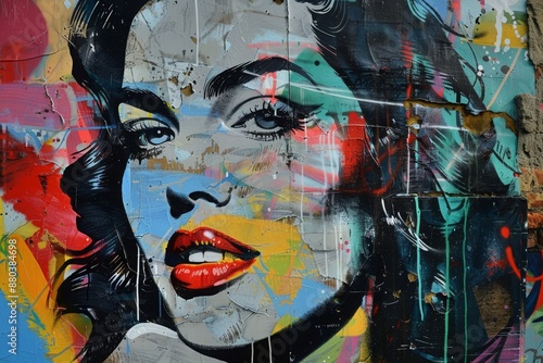 Colorful Street Art Portrait of a Woman With Red Lips