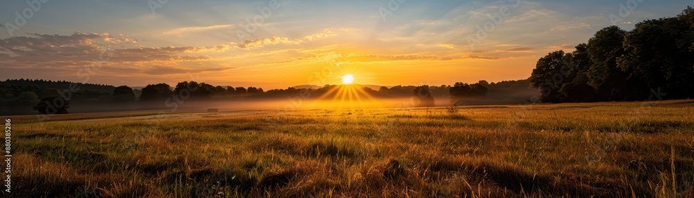 Stunning Sunrise Over a Serene Meadow with Golden Light and Misty Horizon Stunning Sunrise Over a Serene Meadow with Golden Light and Misty Horizon