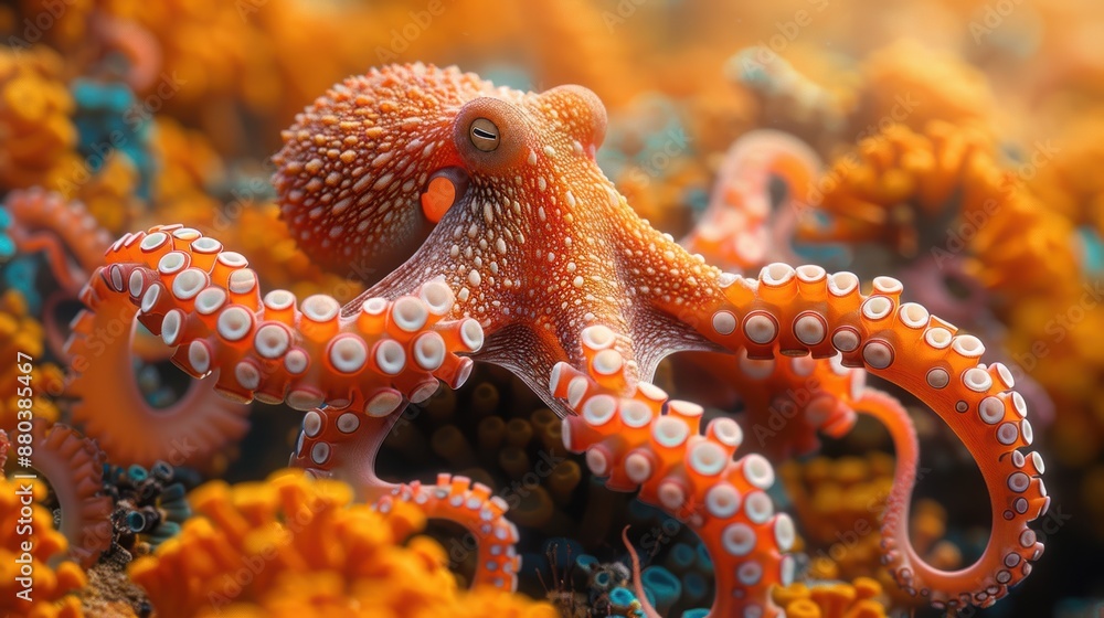 Photograph of an octopus mimicking the texture and color of a coral reef in 4K resolution. Photograph of an octopus mimicking the texture and color of a coral reef in 4K resolution.