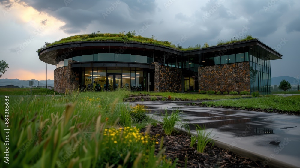 Modern Eco-Friendly Building with Green Roof and Stone Facade in Scenic Landscape at Sunset Modern Eco-Friendly Building with Green Roof and Stone Facade in Scenic Landscape at Sunset