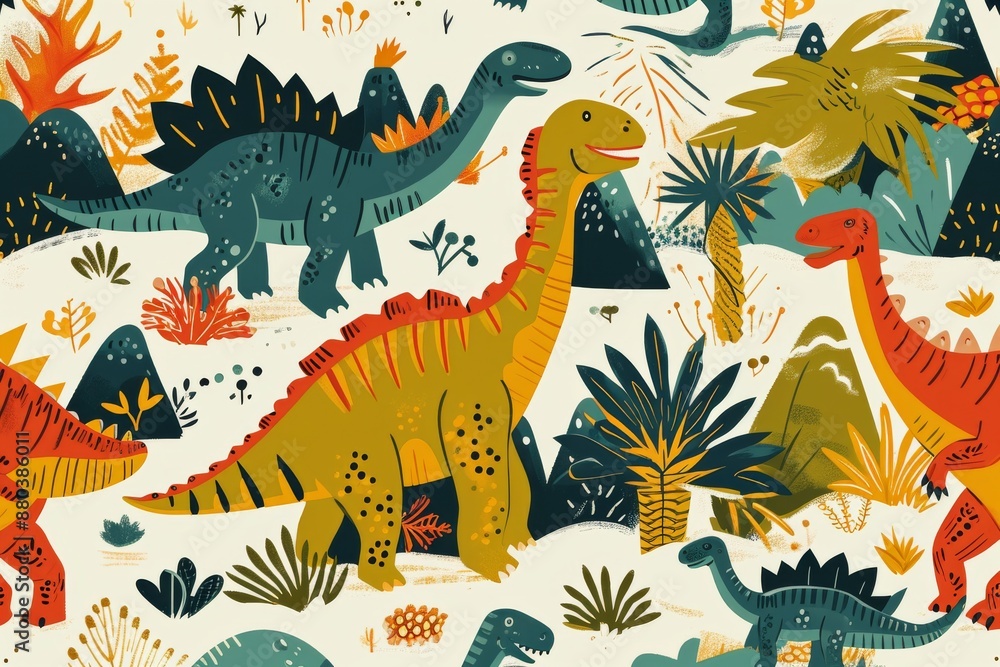 A playful pattern of dinosaurs in a prehistoric setting, AI generated A playful pattern of dinosaurs in a prehistoric setting, AI generated
