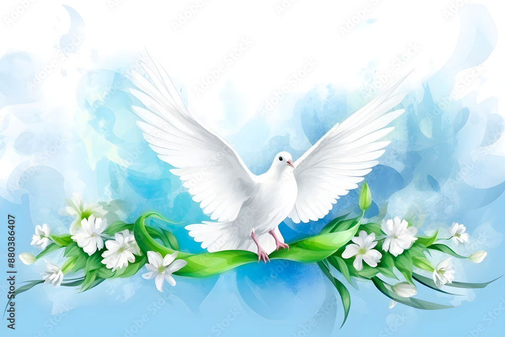 Obraz premium Flying pigeon of peace with ribbon bringing peace on blue background. Conceptual illustration symbol of no war, world peace. background for International Day of Peace.