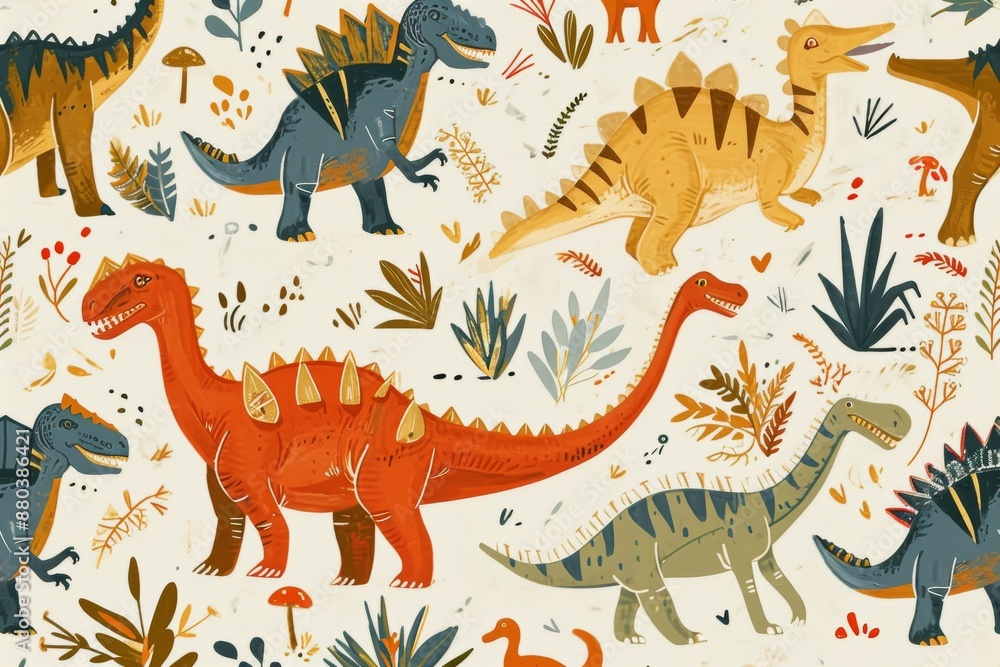 A playful pattern of dinosaurs in a prehistoric setting, AI generated A playful pattern of dinosaurs in a prehistoric setting, AI generated
