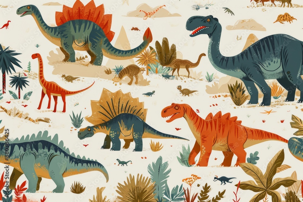 A playful pattern of dinosaurs in a prehistoric setting, AI generated A playful pattern of dinosaurs in a prehistoric setting, AI generated