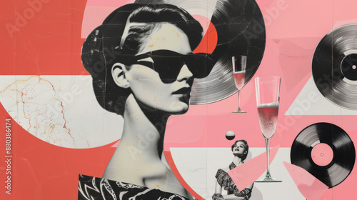 champagne glass, cocktail, girls, music, vinyl, modernist, style collage art, minimalist poster