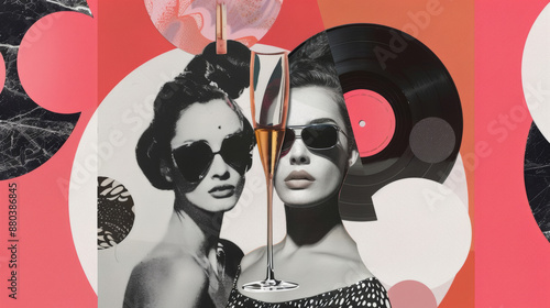 champagne glass, cocktail, girls, music, vinyl, modernist, style collage art, minimalist poster