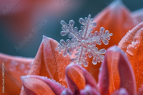 Snowflake on Petal- Zoom in on a snowflake resting on a flower petal photo