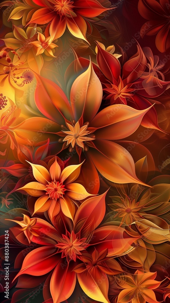 Abstract vertical background with large, detailed autumn flowers in shades of red, orange, and yellow with a rich, dark backdrop Abstract vertical background with large, detailed autumn flowers in shades of red, orange, and yellow with a rich, dark backdrop