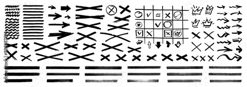 Black chisel point marker lines, arrows, crowns. Hand drawn waves, underlines, frames, tick boxes. Notebook scrapbook lines pack. Vector abstract office white board, presentation infographic elements