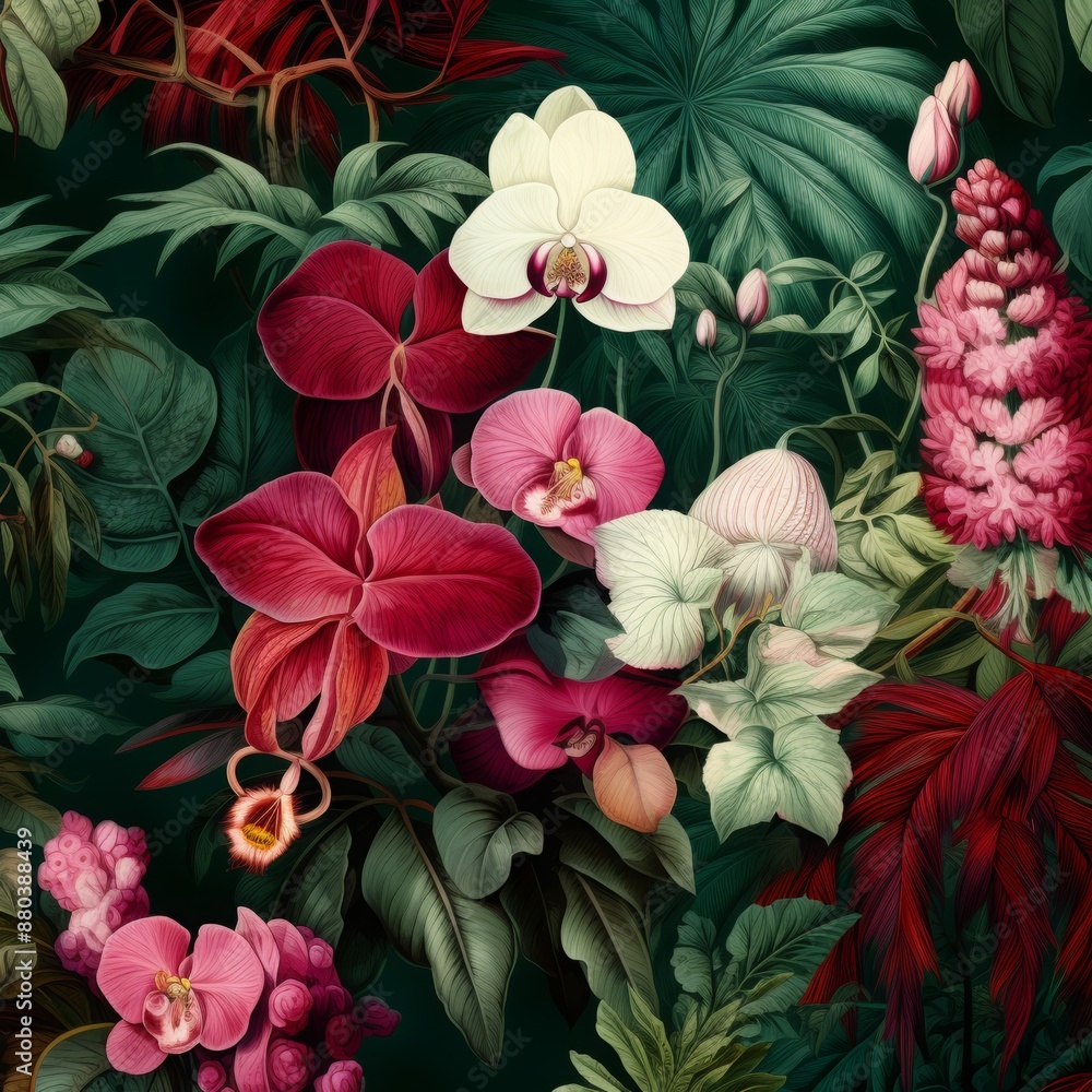 Fototapeta premium Vibrant tropical flowers in full bloom against a dark background. Colorful and detailed image capturing the beauty of nature. Perfect for adding a tropical touch to your designs.
