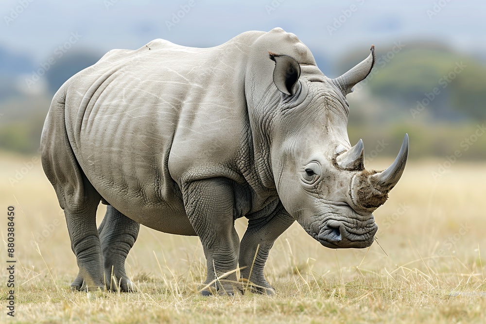 Photo of an African white rhino standing on the ground, looking at the camera, from the side. The rhino has a large body and grey skin. It has two large horns on its nose and is standing in an open gr Photo of an African white rhino standing on the ground, looking at the camera, from the side. The rhino has a large body and grey skin. It has two large horns on its nose and is standing in an open gr