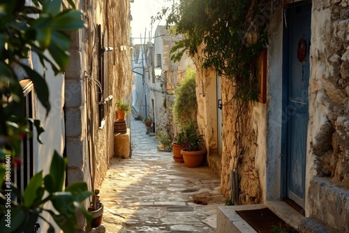 Fototapeta Naklejka Na Ścianę i Meble -  A maze of narrow streets in a Mediterranean town, AI generated